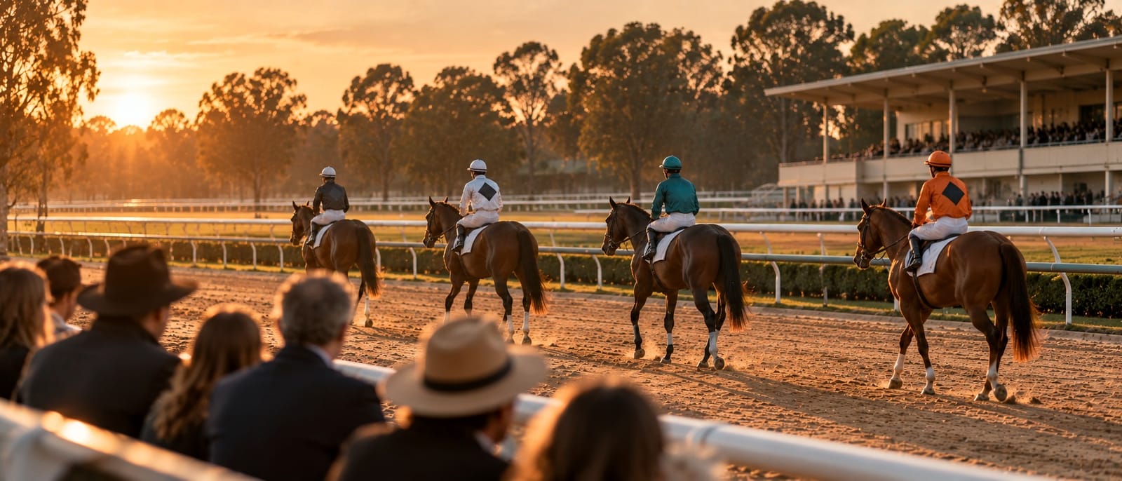 Cavalos em desfile na pista de areia antes de uma grande prova