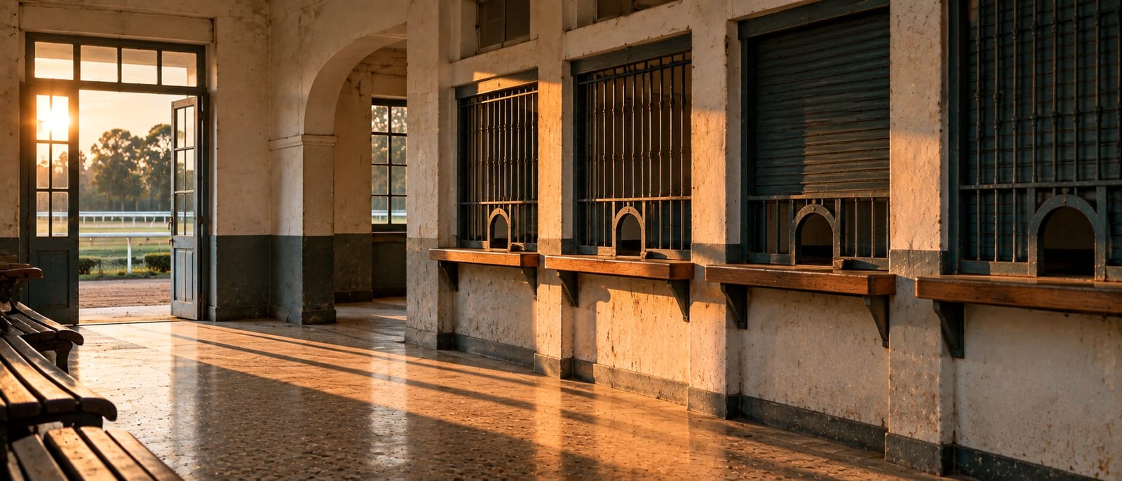 Guichês de apostas antigos em um pavilhão de hipódromo, com luz de fim de tarde