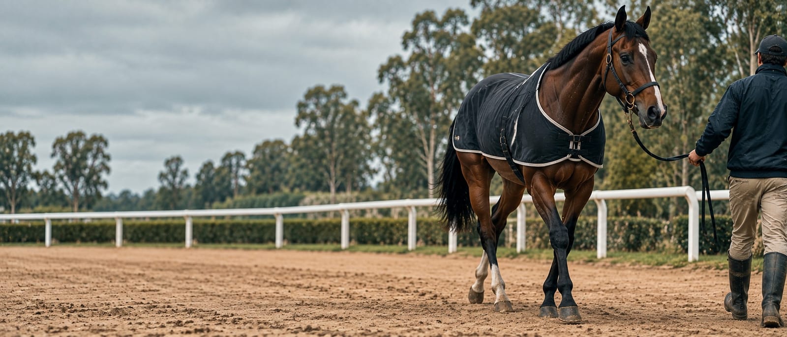 Cavalo sendo conduzido pelo cabresto no paddock antes do páreo
