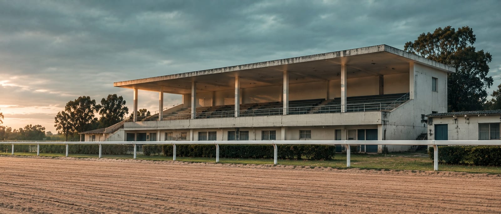 Tribuna de concreto de um hipódromo vista da pista de areia