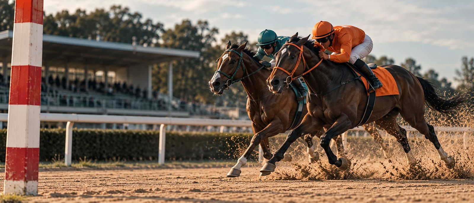 Dois cavalos disputando a chegada na reta final de uma raia de areia